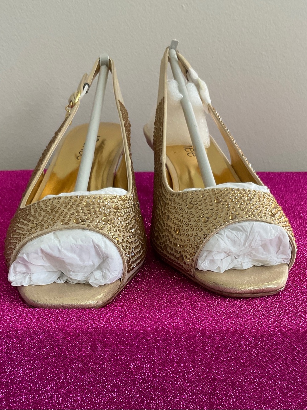 J.Renee Gold Sequin Peep-Toe Slingback Heels